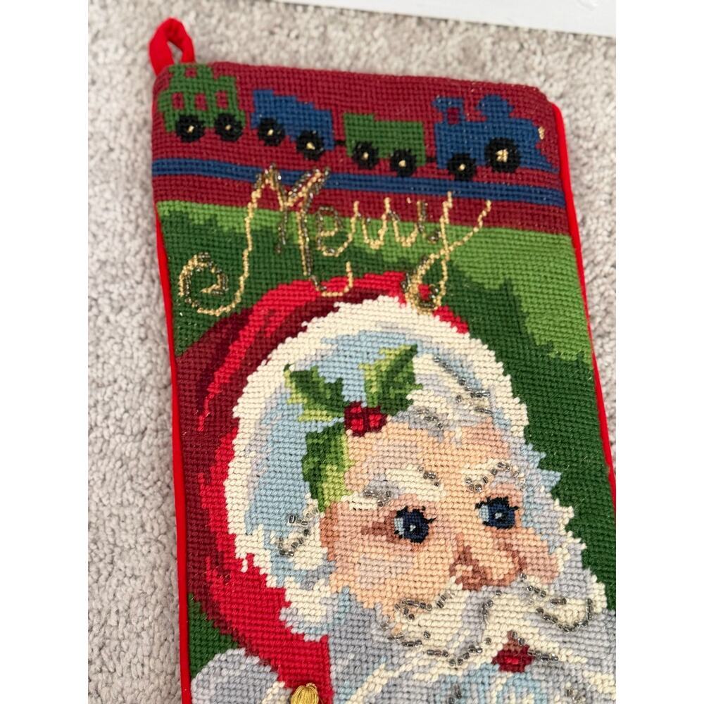 Vintage Wool Santa Claus Needlepoint by Hand Beaded "Merry Christmas" Stocking - Picture 3 of 9